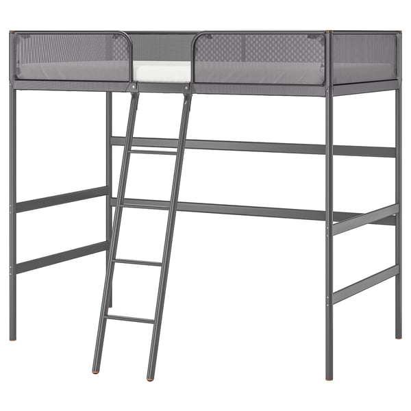 A TUFFING grey loft bed with a metal frame and mesh panels, designed to save space.