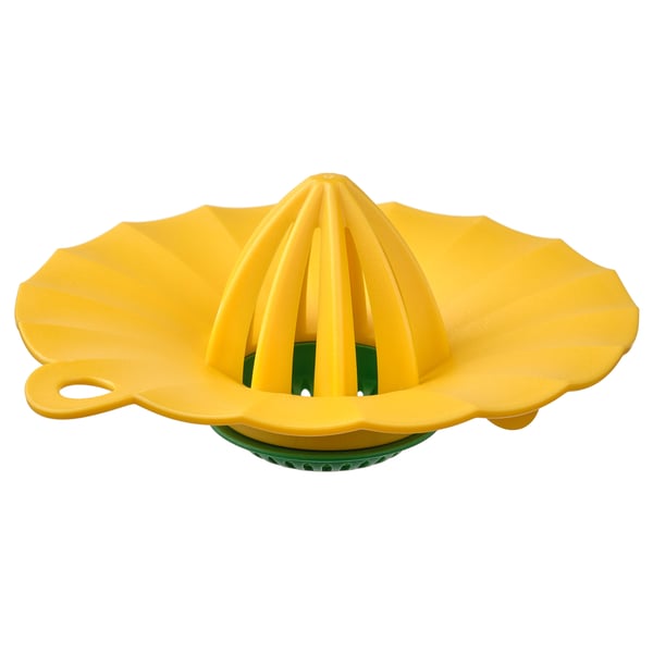 Bright yellow lemon squeezer, open and ready to use, made of plastic.