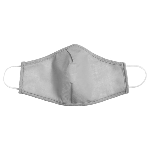 Grey face mask with white elastic straps and metal nose clip.