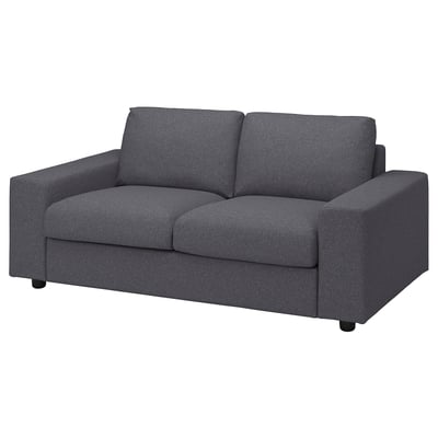 VIMLE sofa, gray, modern minimalist design, rectangular shape, fabric-covered, two cushions.