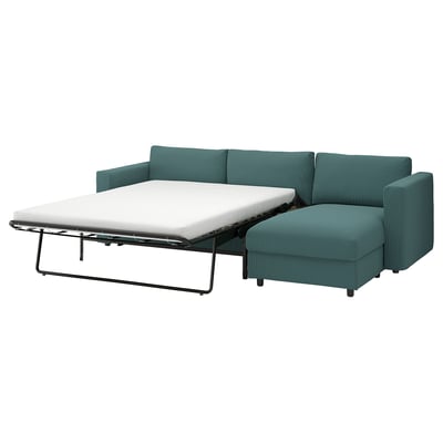 VIMLE 3-seat sofa-bed with chaise longue, Kelinge grey-turquoise