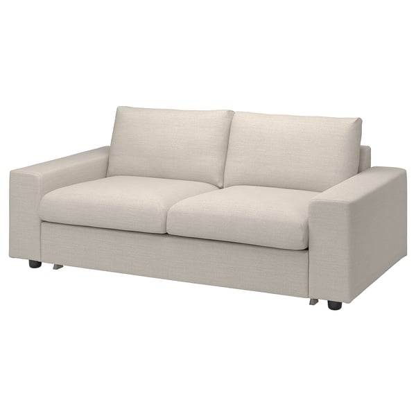 Light beige sofa; modern, rectangular design; soft fabric cover.