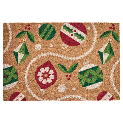 Festive design doormat, VINTERFINT, beiges, greens, reds. Coconut fibre, holidays theme, rectangular.