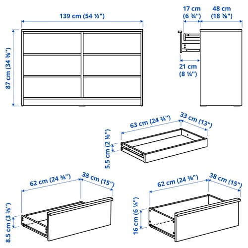 ANKARUDDEN Комод с 6 ящиками, с 2 ящиками/под дуб, 139x48x87 см