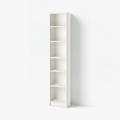 Белая книжная полка BILLY. Она высокая и узкая, с регулируемыми полками, идеально подходит для небольших пространств. Дизайн простой и минималистичный.