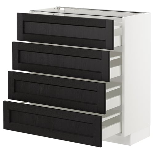 Современный бело-черный кухонный шкаф с четырьмя выдвижными ящиками.