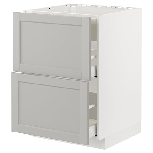 Белый кухонный шкаф ikea METOD со светло-серыми ящиками и гладкими краями.