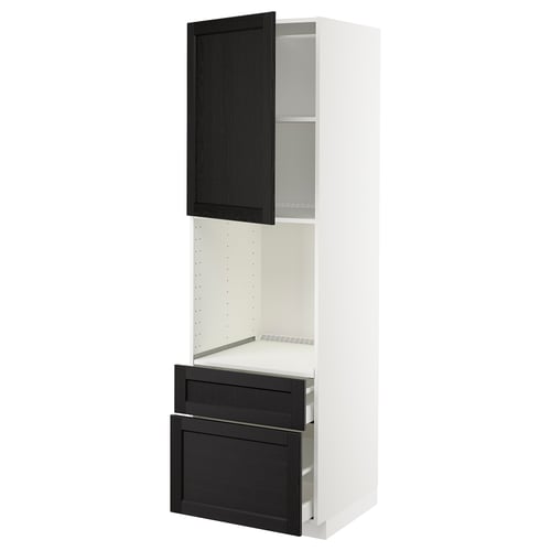 Современный белый кухонный гарнитур ikea METOD с черными ящиками и дверцей.