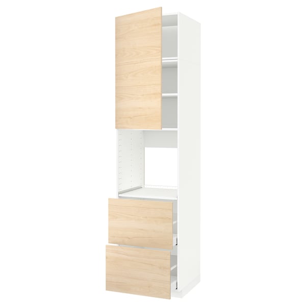 Кухонный гарнитур Ikea METOD, светлый ясень, рисунок дерева, белый каркас, высокий шкаф с открытыми полками, два ящика.