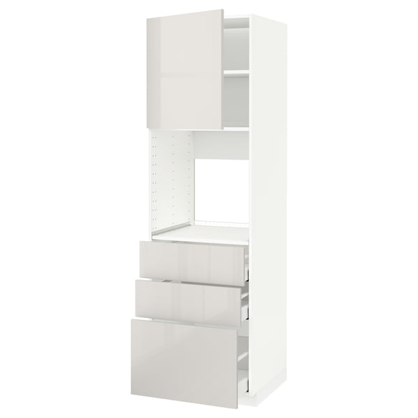 Белый кухонный гарнитур ikea METOD с глянцевыми ящиками и шкафом, отличающийся современным дизайном и чистыми линиями.