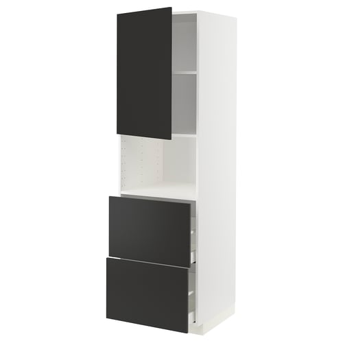 Белый кухонный шкаф ikea METOD с высокими черными ящиками и дверцами, современный и модульный, подходит для организованного хранения.