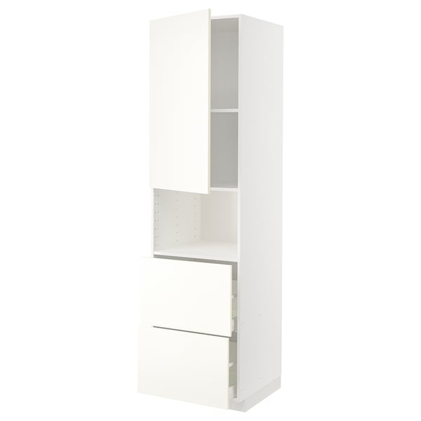 Белый кухонный шкаф ikea METOD с высокой полкой и двумя ящиками. Он имеет современный дизайн и изготовлен из ДСП и стали.