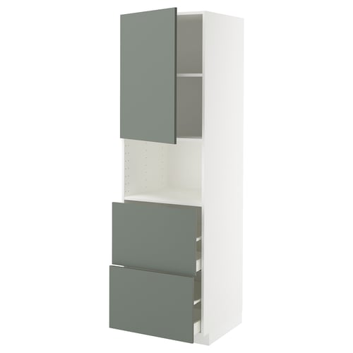 Кухонный шкаф Ikea METOD, серо-зеленый, с открытой дверцей и ящиками, прямоугольной формы, современный дизайн.
