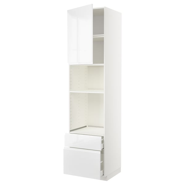 Белый кухонный гарнитур METOD с глянцевыми ящиками и полками. Он элегантный, современный дизайн со встроенными ручками.