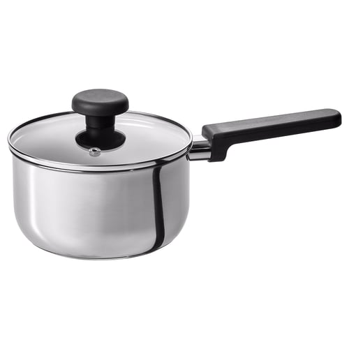 Серебристая кастрюля, черная ручка, нержавеющая сталь, круглая, стеклянная крышка, керамическое антипригарное покрытие.