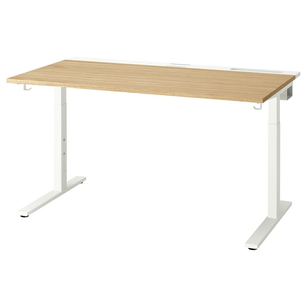 MITTZON: белый письменный стол со столешницей из светлого дуба, прямоугольный, регулируемый по высоте, очищаемая поверхность.