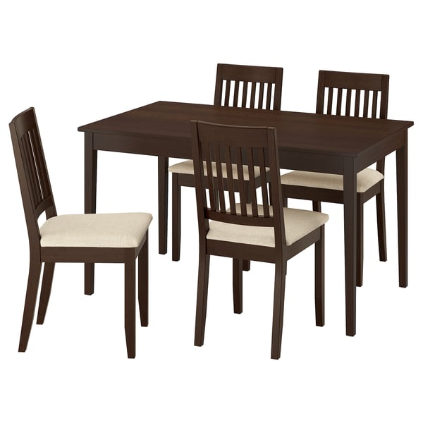 Обеденный гарнитур из темного дерева на 4 персоны с мягкими стульями, простой и современный дизайн.