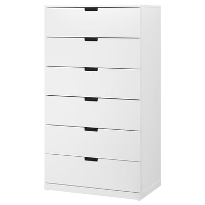 Белый комод NORDLI с 6 ящиками. Современный, прямоугольный с черными ручками.