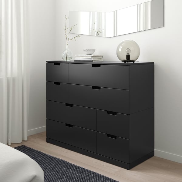Современный черный комод NORDLI, шесть ящиков, лаконичный дизайн. Прекрасно вписывается в спальню, дополняет белый декор. Сейф с креплением к стене.
