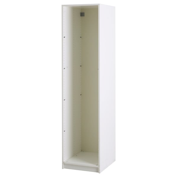 Белая рама шкафа ikea PAX, высокая и прямоугольная, с простым дизайном и без дверей.