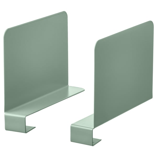 Два мятно-зеленых металлических подставки для книг на белом фоне. Каждый из них имеет L-образную форму с плоским основанием и задней частью, предназначенную для упорядочивания книг.