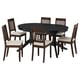 Обеденный набор ROSENTORP: черный овальный стол, 6 коричневых стульев с бежевыми подушками.