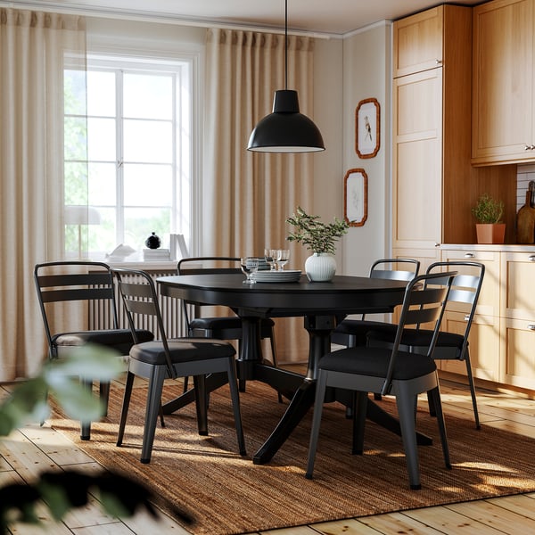 ROSENTORP / RAMSNÄS Стол и 6 стульев, чёрный/чёрный, 160/215x110 см