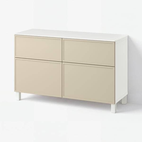 BESTÅ Storage combination w doors/drawers, white/Krukmakare beige, 120x42x75 cm