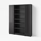 Black BILLY bookcase with glass doors, wooden texture, adjustable shelves, simple design.