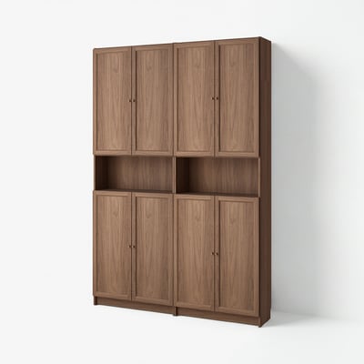 A BILLY bookcase in brown. Made of particleboard and fibreboard, it six doors and an open shelf. The design is rectangular and fits against a wall.