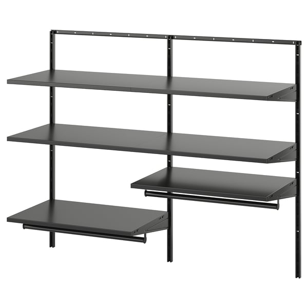 BOAXEL: black wall-mounted storage system with four shelves. Modern, minimalist design ideal for organizing outdoor clothing.