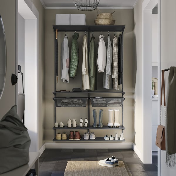 BOAXEL wall storage: shelves, mirror, baskets, hangers.
