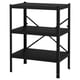 A black BROR three-tier metal storage unit. Its square-shaped with adjustable shelves, ideal for heavy items.