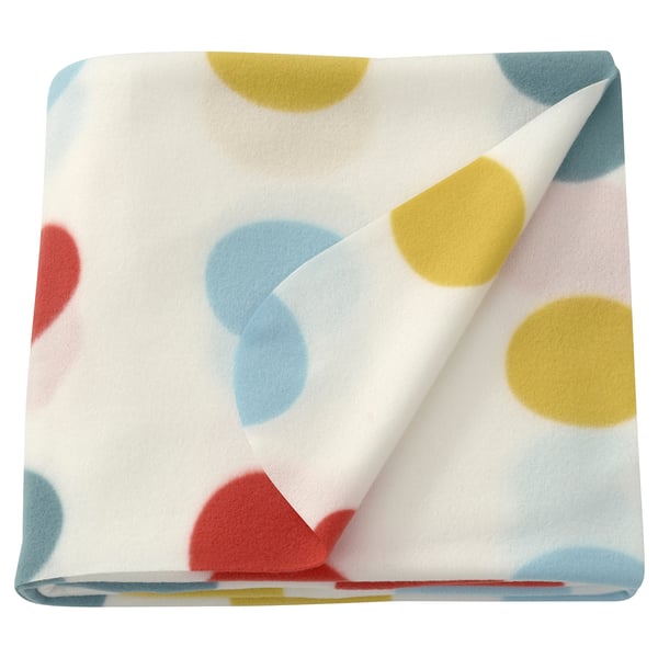 BRUKSVARA throw blanket, polka dots in blue, yellow, red on white, soft & warm, 100% recycled polyester.