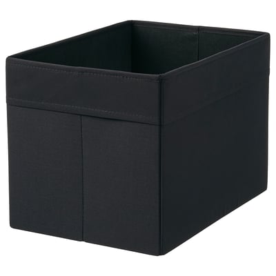 Black fabric storage box, square-shaped with handles, fits bookcases or closets.