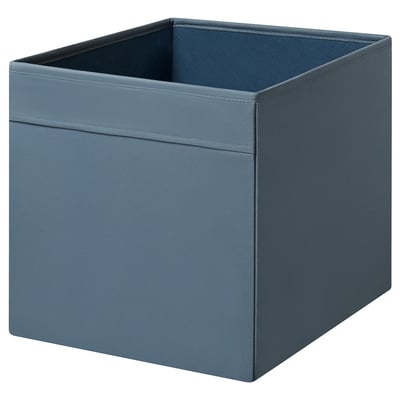 Square blue fabric storage box, DRÖNA, textured, handles on sides.