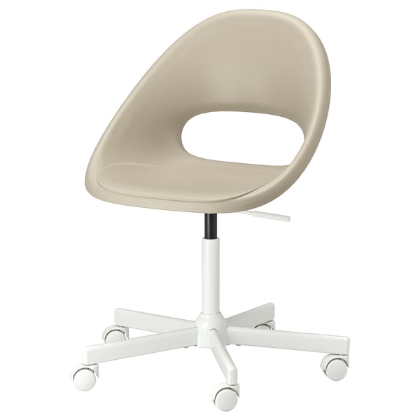 A white ikea ELDBERGET office chair with smooth curves, adjustable height, and casters for mobility.