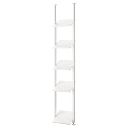A white ELVARLI adjustable shelving system with five shelves. It has a sleek, modern design, perfect for various storage needs.