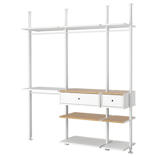 ELVARLI: white metal & bamboo modular storage. Four shelves, two drawers. Modern, customizable design.