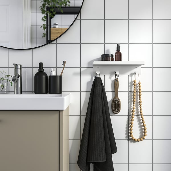 ENUDDEN Wall shelf with 3 hooks, white, 30x8 cm