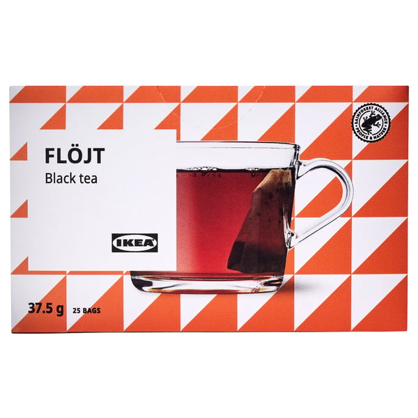 Box of FLÖJT black tea by IKEA, showing a teacup with 25 tea bags, weighs 37. 5g.