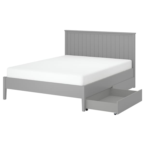 GULLABERG bed in grey with storage, white mattress, wooden legs, panel headboard.