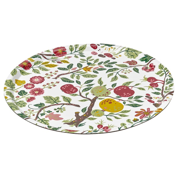 Round decorative tray with floral design, red fruits, and green leaves on white background. Made of high-pressure melamine.