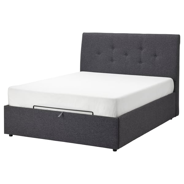 Uit IDANÄS bed, grey, fabric, sloping headboard, upholstered, storage base.