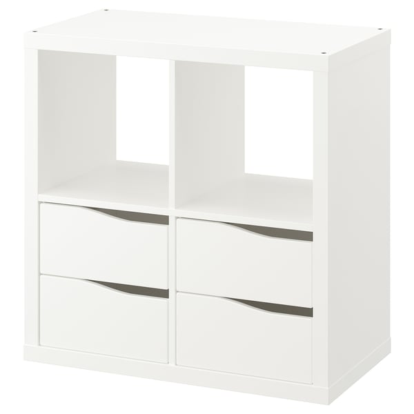 White KALLAX cube shelf, 4 compartments, 2 drawers, minimalist design.