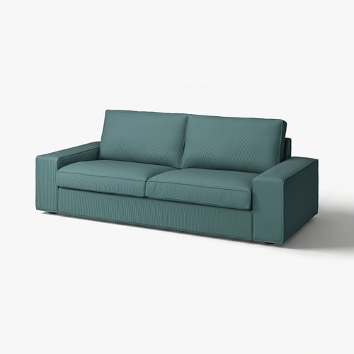 Green KIVIK sofa, recycled polyester, washable cover, corduroy texture, modern square shape.