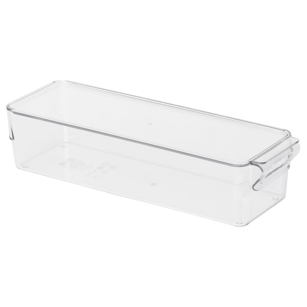 Clear plastic rectangular storage box with a lid and built-in handle, ideal for organising fridge contents.