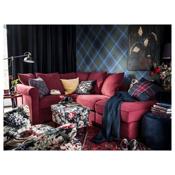 Dark floral dragonfly cushion cover, red colour, round shape, detailed pattern. Ideal for ektorp sofa.