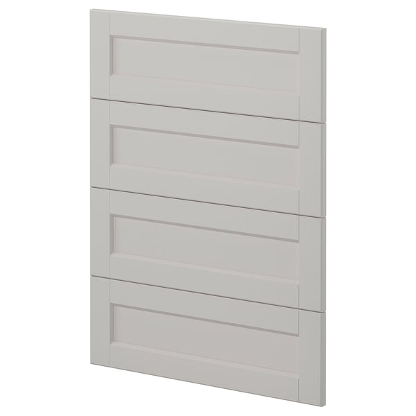 A modern, off-white kitchen cabinet door from ikeas METOD system, featuring five horizontal panels and a sleek, beveled edge design.