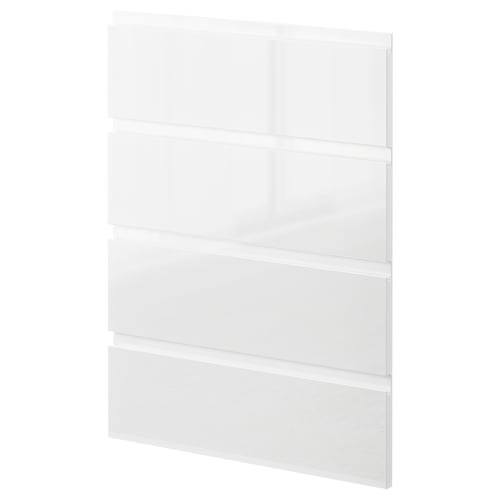 Modern white glossy kitchen cabinet with sleek design and minimalist integrated handles.